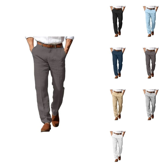 Men's Linen Dress Pants – Solid Color Straight Leg Breathable Summer Trousers with Front Pockets, Button & Zipper Closure for Business, Casual, or Beach Wear