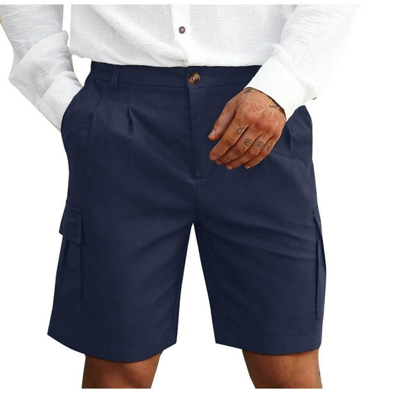 Men's Linen Flat Front Shorts Retro Lightweight Tapered Leg Straight Chino Pants Buckle Back