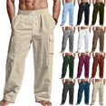 thumbnail image 1 of Men's Linen Four Seasons Thin Breathable Cargo Multi-pocket Pants, Loose Casual Wide Leg Trousers for Travel and Comfort,Army Green,L, 1 of 7