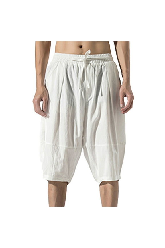 Men's Linen Harem Capri Pants Lightweight Loose 3/4 Shorts Drawstring Elastic Waist Casual Beach Boho Yoga Trousers Pants for Men Loose Fit
