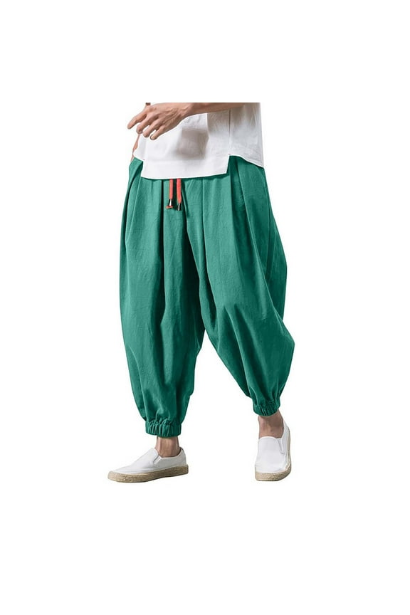 Men's Linen Harem Pants Casual Drawstring Elastic Waist Beach Yoga Pants Lightweight Jogging Trousers with Pockets