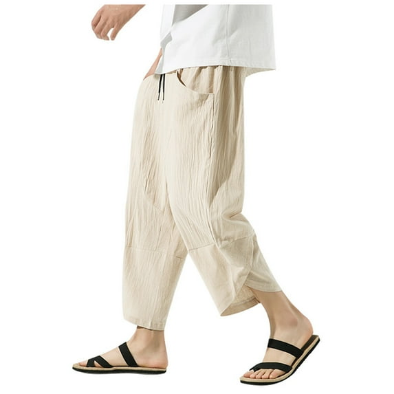 Men's Linen Harlan Pants - Elastic Waist Wide Leg Casual Beach Cropped Trousers