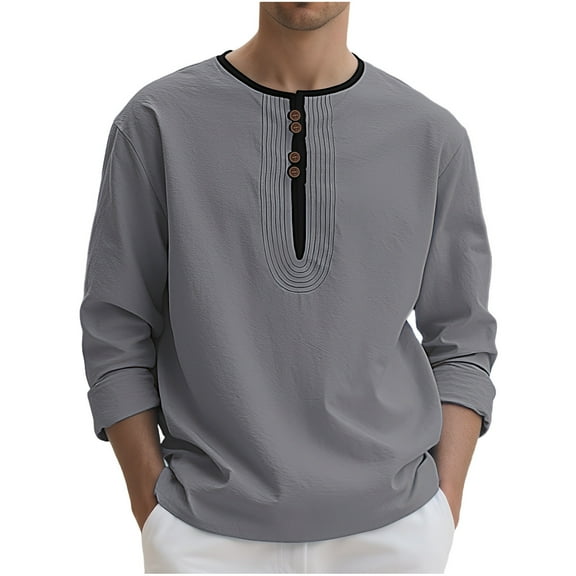 Men's Linen Henley Shirt Long Sleeve Button Down T-Shirt Casual Lightweight Regular-Fit Tops Hippie Casual Beach Outfit