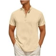 thumbnail image 1 of Men's Linen Henley Shirt – Short Sleeve Casual Beach Top with Lapel Collar, Hippie-Inspired Solid Color Summer Blouse, 1 of 7