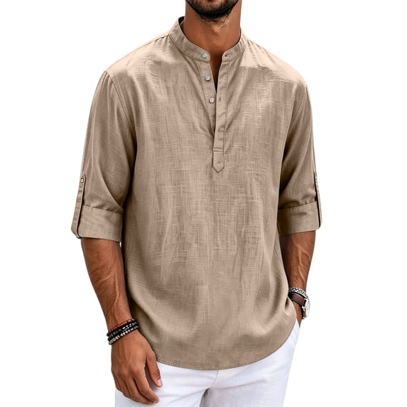 Men's Linen Henley Shirts 3/4 Sleeve Collarless Casual Beach T Shirt Lightweight for Summer Khaki S