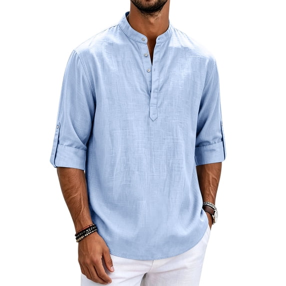 Men's Linen Henley Shirts 3/4 Sleeve Collarless Casual Beach T Shirt Lightweight for Summer Light Blue L