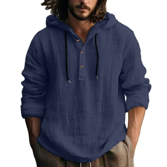 Men's Linen Hooded Shirt Casual Long Sleeve Button Up Tunic Top Lightweight Breathable Beach Yoga Boho Style Comfortable Loose Fit