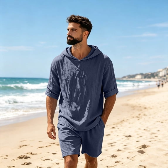 Men's Linen Hoodies Elbow Length Sleeve Pullover Hooded Shirts Summer Causal Beach Vacation Hoodies, 2XL