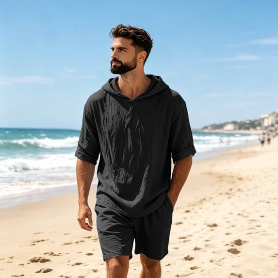 Men's Linen Hoodies Elbow Length Sleeve Pullover Hooded Shirts Summer Causal Beach Vacation Hoodies, 2XL