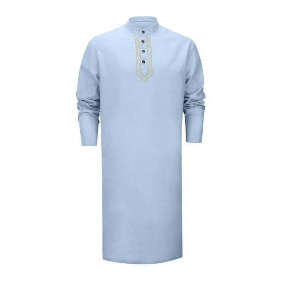 Men's Linen Kaftan Button Down Casual Shirt, Long Sleeve, Gown Style, Embroidery Design, for Casual and Holiday Wear