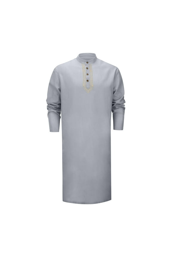 Men's Linen Kaftan Button Down Casual Shirt, Long Sleeve, Gown Style, Embroidery Design, for Casual and Holiday Wear