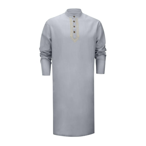 Men's Linen Kaftan Button Down Casual Shirt, Long Sleeve, Gown Style, Embroidery Design, for Casual and Holiday Wear