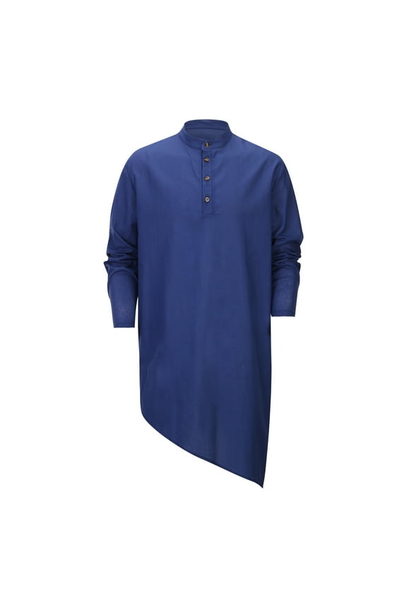 Men's Linen Long Sleeve Button Down Casual Shirt, Kaftan Thobe Robe, Embroidery Collar, Suitable for Leisure and Festive Events