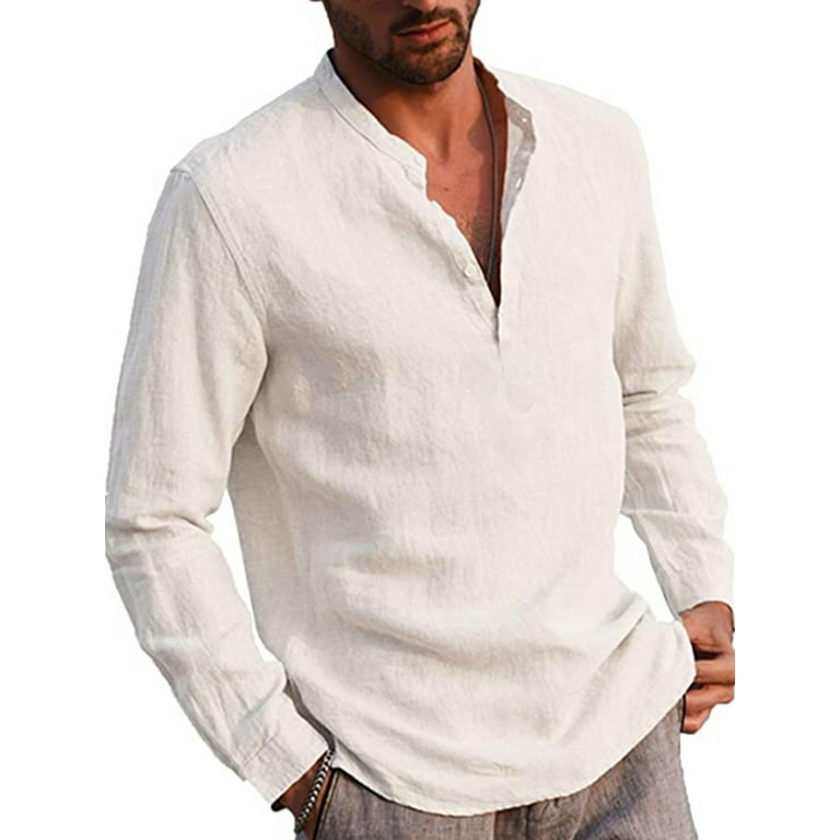 Men's Linen Long Sleeve Henley Shirt Yoga Tops Casual Fashion
