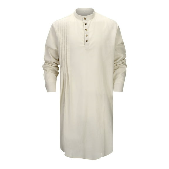 Men's Linen Long Sleeve Kaftan Thobe Casual Gown Cotton Blend Lightweight Breathable Soft