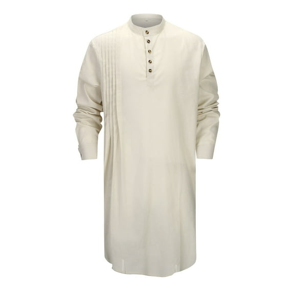 Men's Linen Long Sleeve Kaftan Thobe Casual Gown Cotton Blend Lightweight Breathable Soft