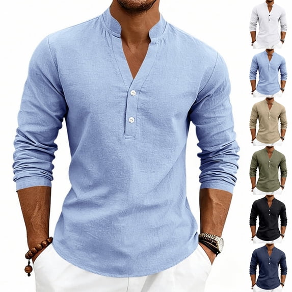 Men's Linen Long Sleeve Shirt Button Henley Shirt V-Neck Casual Plain Lightweight Fall Top L