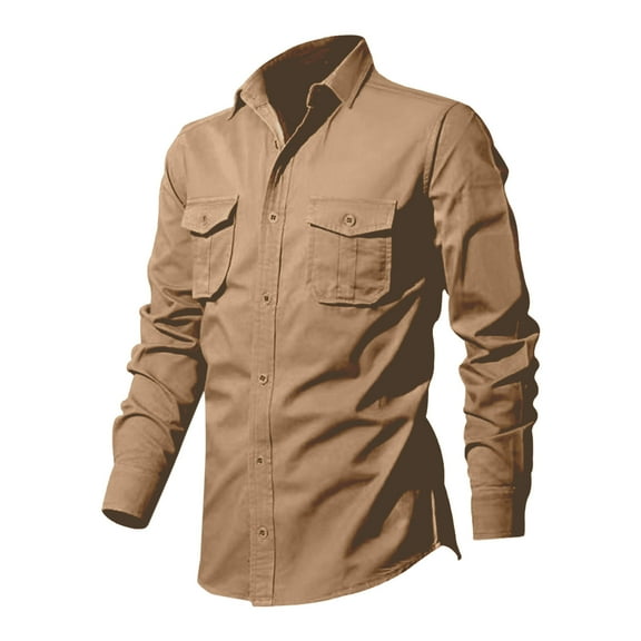 Men's Linen Long Sleeve Shirt Double Pocket Casual Button Up Shirt for Men Comfortable Breathable Wear Men's Lightweight Crewneck Tee Tops