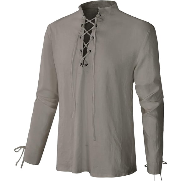Men's Linen Long Sleeve Shirt Lace up V-Neck Viking Medieval Pirate Top