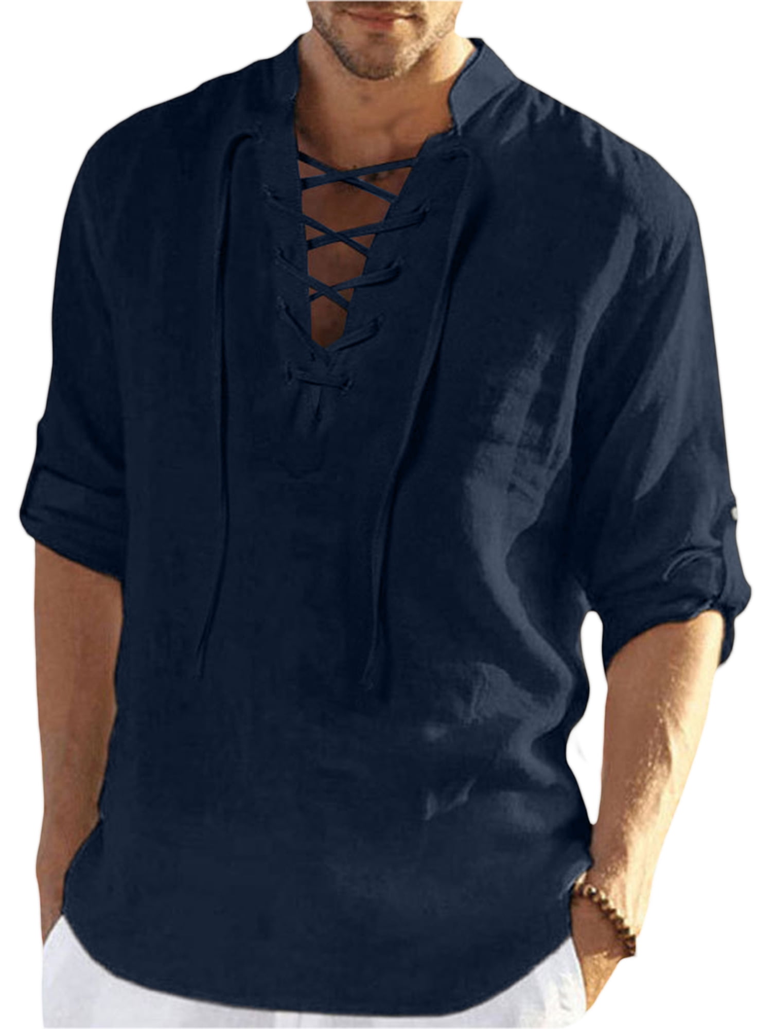 Men's Linen Long Sleeve Shirt Summer Cool Loose Casual VNeck Shirts Tops M3XL