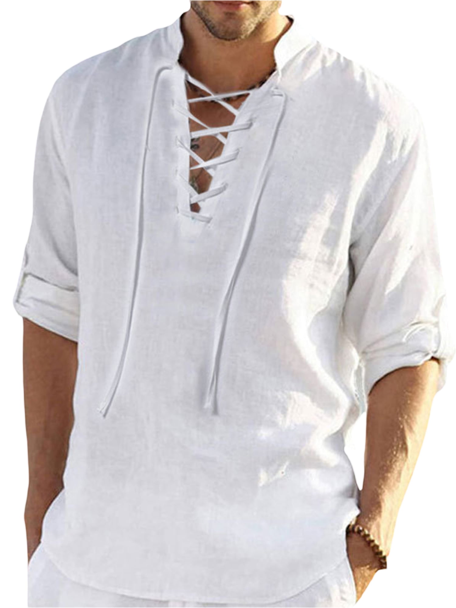 Men's Linen Long Sleeve Shirt Summer Cool Loose Casual V-Neck Shirts ...