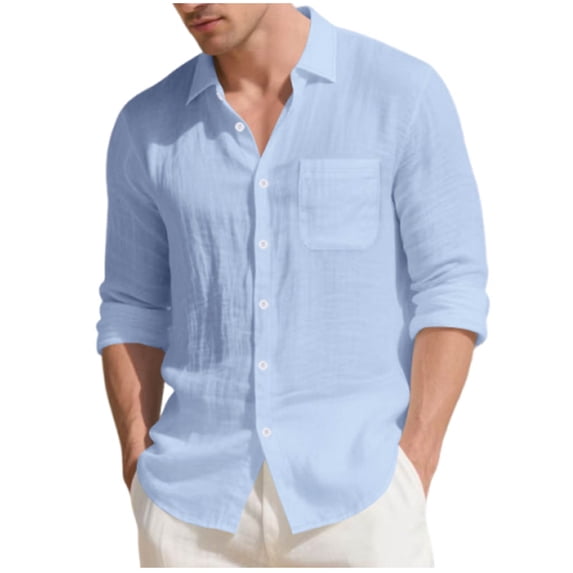 Men's Linen Long Sleeve Shirts Button Down Collared Summer Shirts Solid Color Beach Casual Loose Fit Wedding Dress Shirts