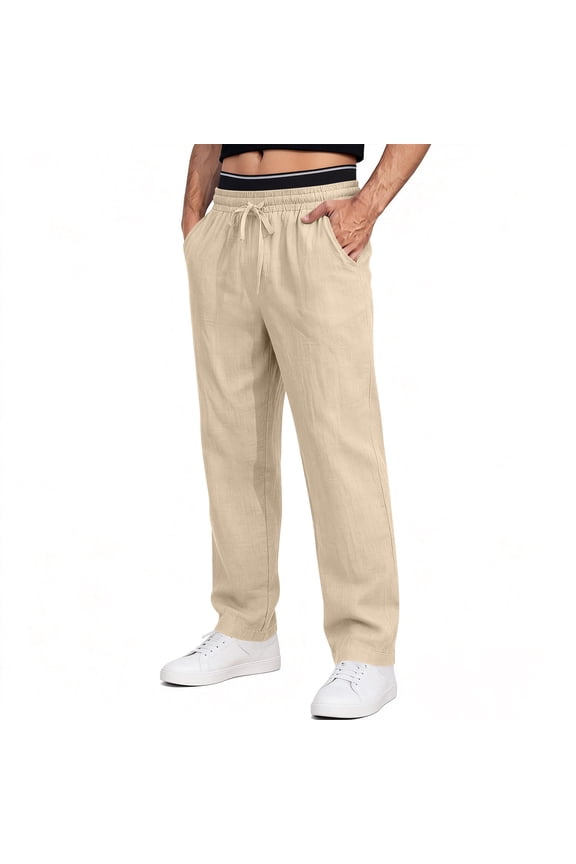 Men's Linen-Look Casual Trousers, Solid Color Summer Pants with Stretch for Everyday Wear