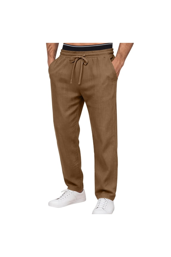 Men's Linen-Look Casual Trousers in Solid Khaki, Lightweight Summer Pants with Stretch Comfort
