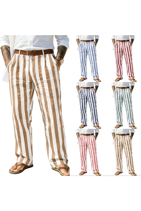 Men's Linen Look Striped Pants with Elastic Waist and Drawstring Featuring Relaxed Fit Cuts for Summer Days Beach Vacations Pool Parties Picnic Outings Golfing Backyard Bbqs Red XXL