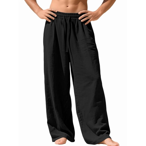 Men's Linen Loose Fit Drawstring Waist Lightweights Long Pants for Summer Casual Beach Yoga Black S