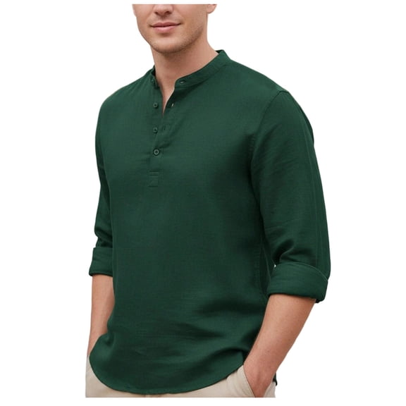 Men's Linen Mandarin Collar Long Sleeve Shirt 1/4 Button Banded Collar Shirt Beach Tops For Late Summer Early Fall