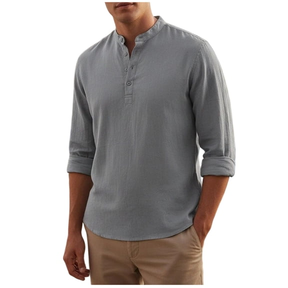 Men's Linen Mandarin Collar Long Sleeve Shirt 1/4 Button Banded Collar Shirt Beach Tops For Late Summer Early Fall