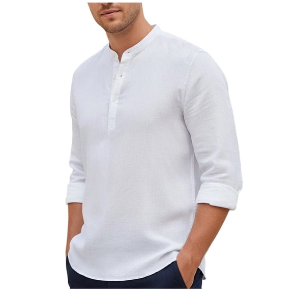 Men's Linen Mandarin Collar Long Sleeve Shirt 1/4 Button Banded Collar Shirt Beach Tops For Late Summer Early Fall
