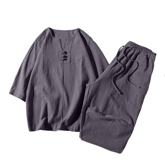 Men's Linen Outfits Sets Two-Piece 3/4 Length Sleeved V-Neck Blouses Solid Color Loose Pants Summer Cotton Linen Breathable Shirts Sets