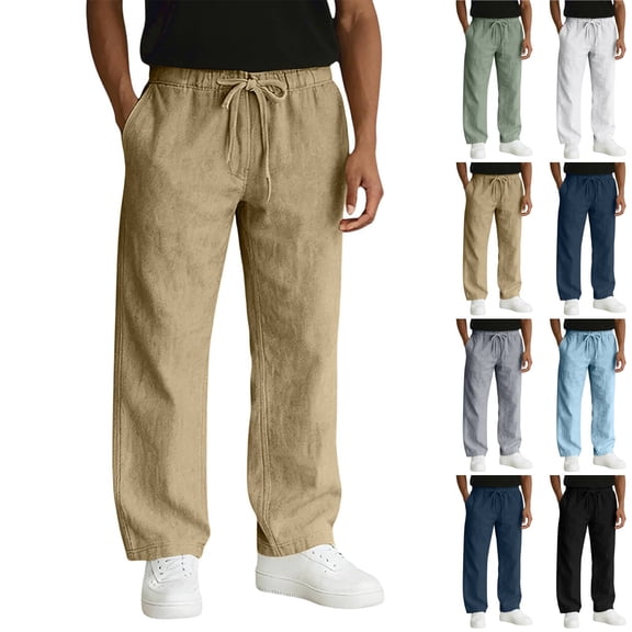 Men's Linen Pants Casual Breathable Linen Dress Pants Summer Beach Work Trousers Khaki S