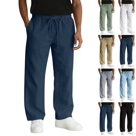 Men's Linen Pants Casual Breathable Linen Dress Pants Summer Beach Work Trousers Navy XL