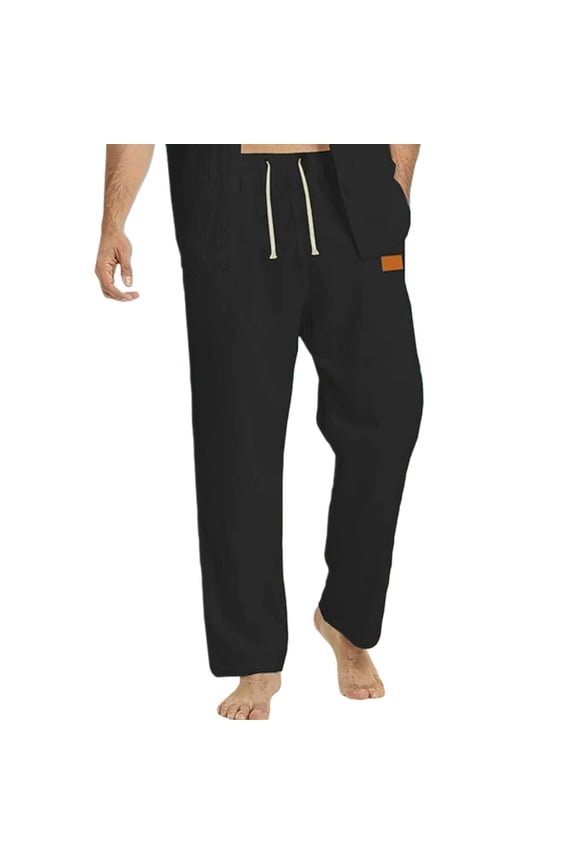 Men's Linen Pants Casual Loose Elastic Drawstring Waist Straight Leg Summer Beach Solid Color Daily Casual Wear