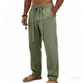 thumbnail image 1 of Men's Linen Pants Casual Summer Beach Pants Breathable Loose Fit with Elastic Waist Drawstring Yoga Trousers Slacks Big and Tall Size S-3XL Army Green, 1 of 9