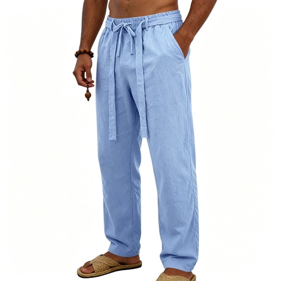 Men's Linen Pants Casual Summer Beach Pants Breathable Loose Fit with Elastic Waist Drawstring Yoga Trousers Slacks Big and Tall Size S-3XL Light Blue