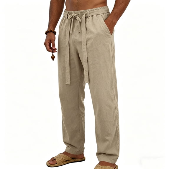 Men's Linen Pants Casual Summer Beach Pants Breathable Loose Fit with Elastic Waist Drawstring Yoga Trousers Slacks Big and Tall Size S-3XL Khaki
