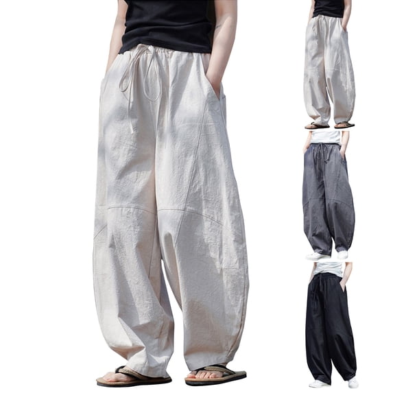 Men's Linen Pants Casual Wide Leg Baggy Pants Elastic Waist Drawstring Loose Fit Casual Summer Beach Pants with Pockets Baggy Trousers Black L