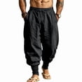 thumbnail image 1 of Men's Linen Pants Contrast Color Cuffed Jogger Drawstring Design Breathable Casual Pants Lightweight Everyday Trousers Black XL, 1 of 9