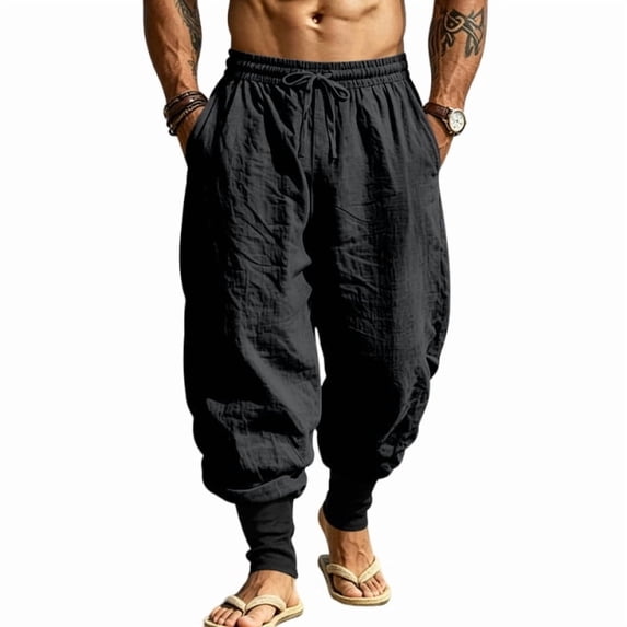 Men's Linen Pants Contrast Color Cuffed Jogger Drawstring Design Breathable Casual Pants Lightweight Everyday Trousers Black XL
