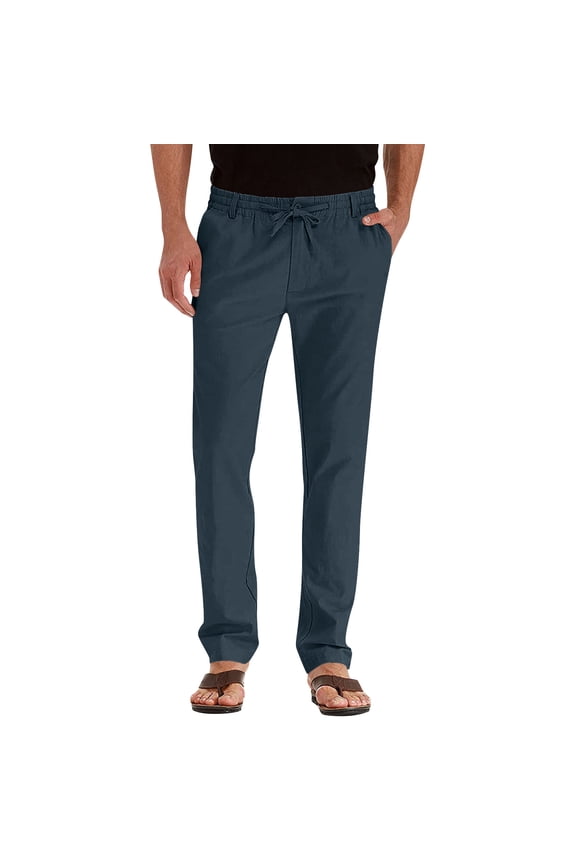 Men's Linen Pants Drawstring Casual Waffle Knit Yoga Lightweight Sweatpants Open Bottom Loose Lounge Trousers Workwear (3XL, Navy)