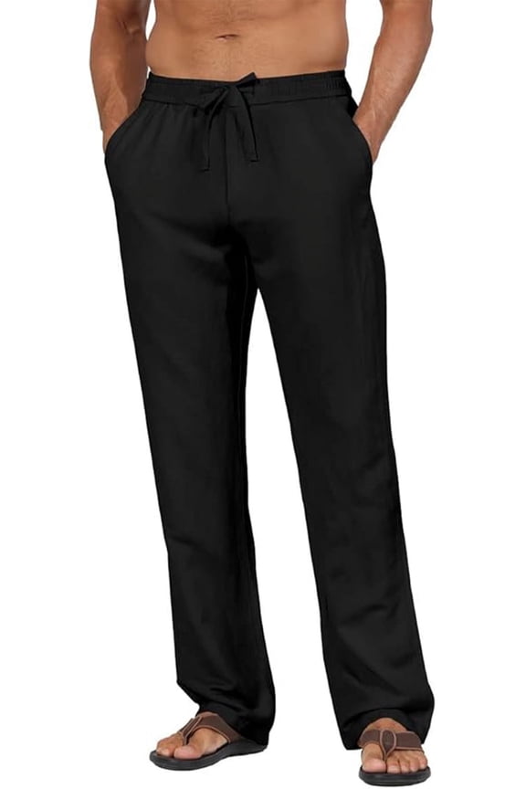 Men's Linen Pants Drawstring Slim Fit Elastic Waist Wide Leg Trousers Lightweight Beach Summer Pants