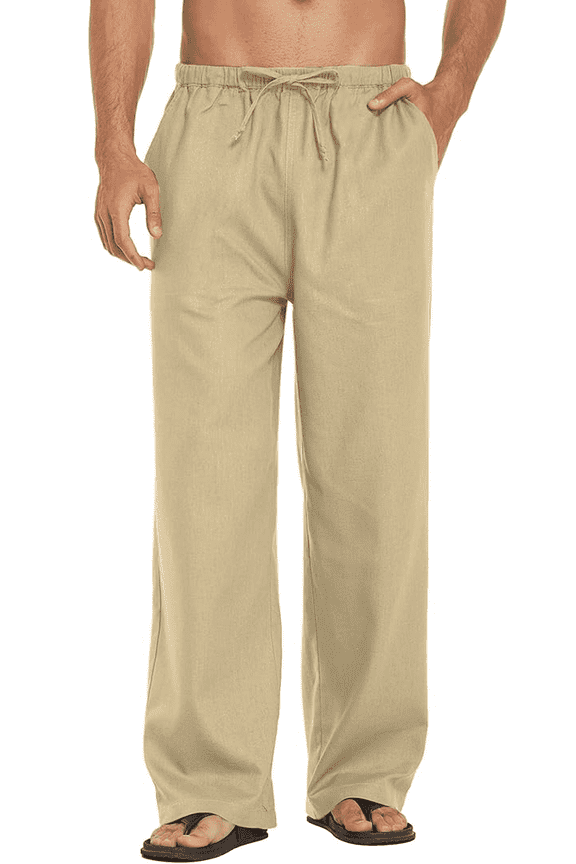 Men's Linen Pants Drawstring Slim Fit Elastic Waist Wide Leg Trousers Lightweight Beach Summer Pants