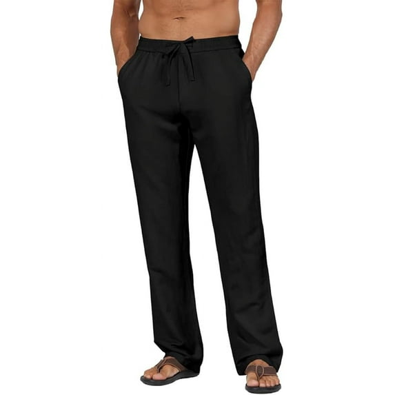 Men's Linen Pants Drawstring Slim Fit Elastic Waist Wide Leg Trousers Lightweight Beach Summer Pants