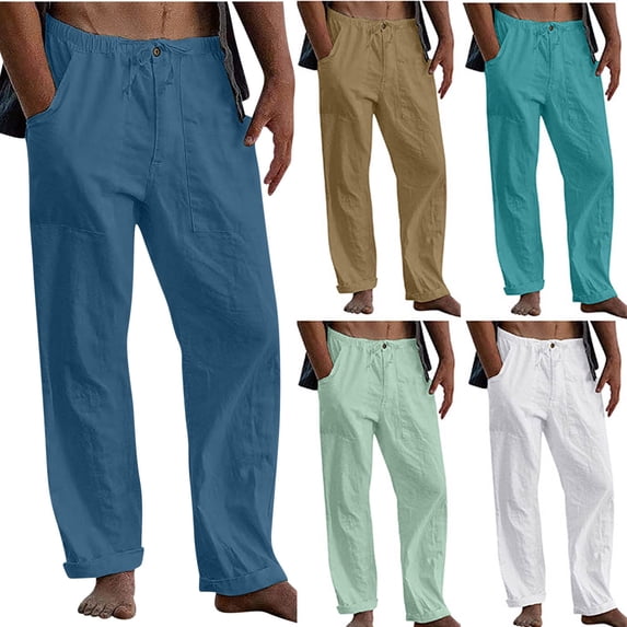 Men's Linen Pants Elastic Drawstring Casual Trousers, Straight Leg Loose Fit, Lightweight Breathable, Summer Beach Vacation Hiking, Summer Essentials | JASKFLY,Yellow XL