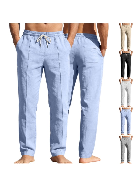 Men's Linen Pants Elastic Waist Drawstring Casual Fashion Trousers, Flax Straight Leg Breathable Lightweight Summer Beach Vacation Daily Wear Hiking Essentials | JASKFLY,White XL