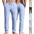thumbnail image 1 of Men's Linen Pants Elastic Waist Drawstring Straight Leg Casual Trousers, Lightweight Breathable Quick Dry for Summer Daily Beach Vacation, Summer Essentials | AKLJWH,Black L, 1 of 9